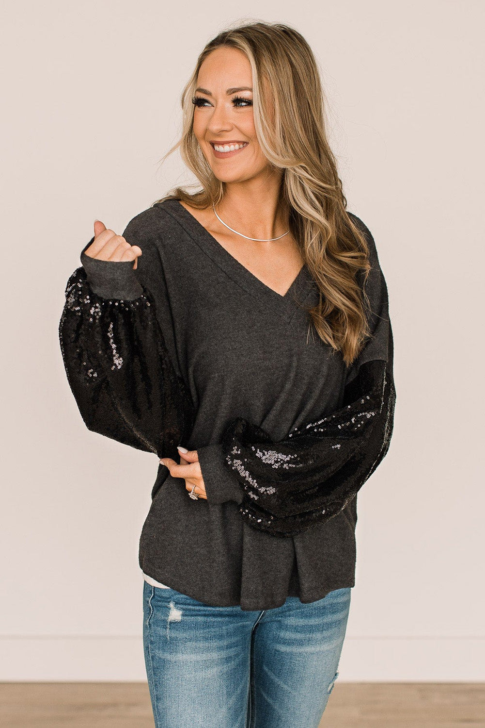 Black Plus Size Sequin Bubble Sleeve V Neck Knit Top Plus Size JT's Designer Fashion