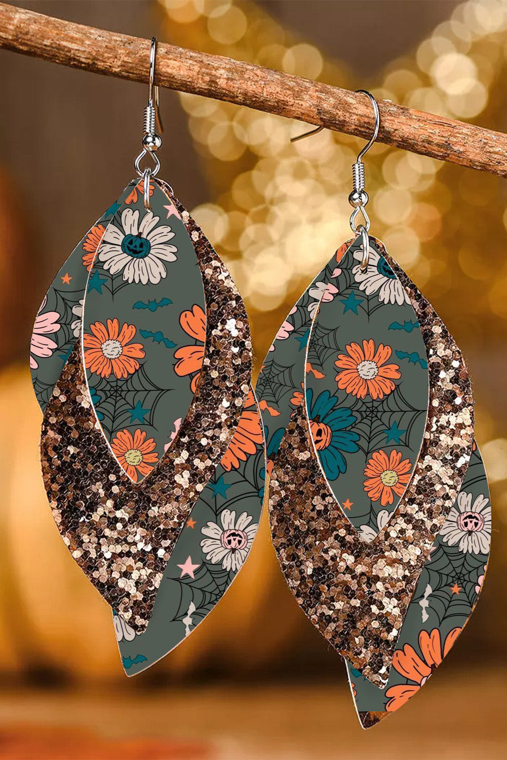 Mist Green Halloween Flower Print Sequin Layered Earrings Jewelry JT's Designer Fashion