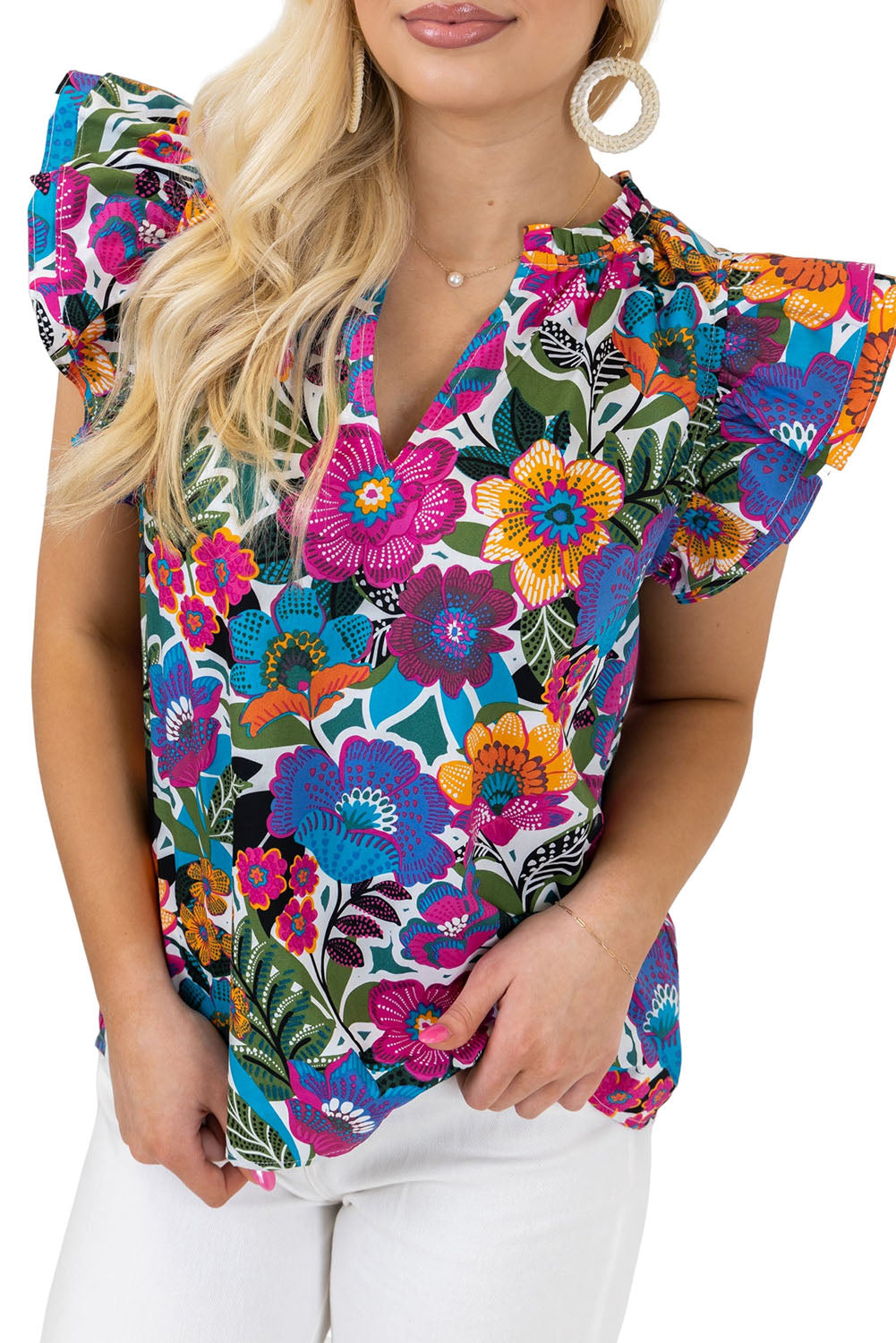 Multicolor Ruffled Flutter Sleeve Floral Print Blouse Blouses & Shirts JT's Designer Fashion