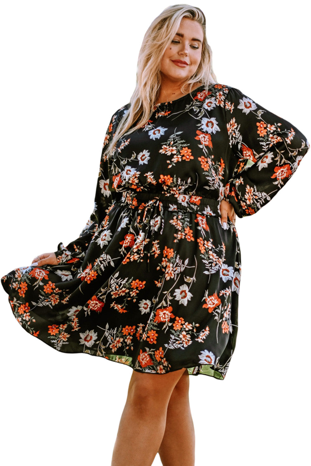 Black Plus Size Drawstring Long Sleeve Floral Dress Plus Size Dresses JT's Designer Fashion