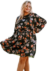 Black Plus Size Drawstring Long Sleeve Floral Dress Plus Size Dresses JT's Designer Fashion