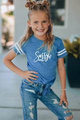 Blue Family Matching Letter Printed Tie Knot Short Sleeve Girl's Top Family T-shirts JT's Designer Fashion