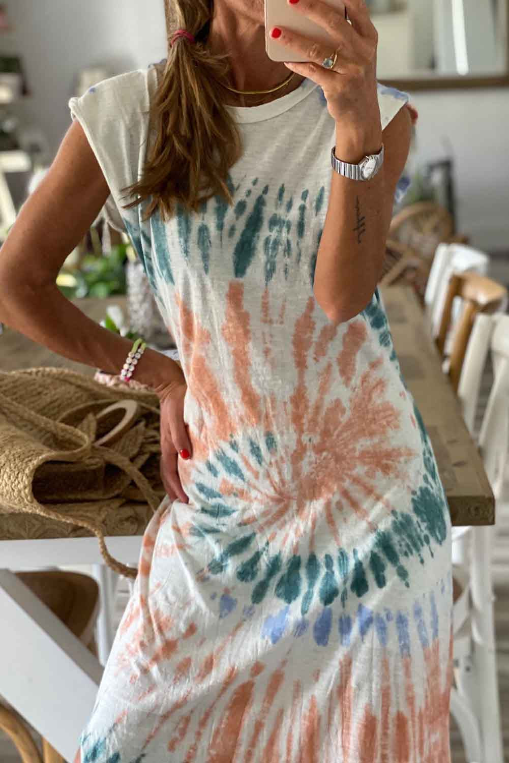 White Cap Sleeve Tie Dye Long Slit Dress Dresses JT's Designer Fashion