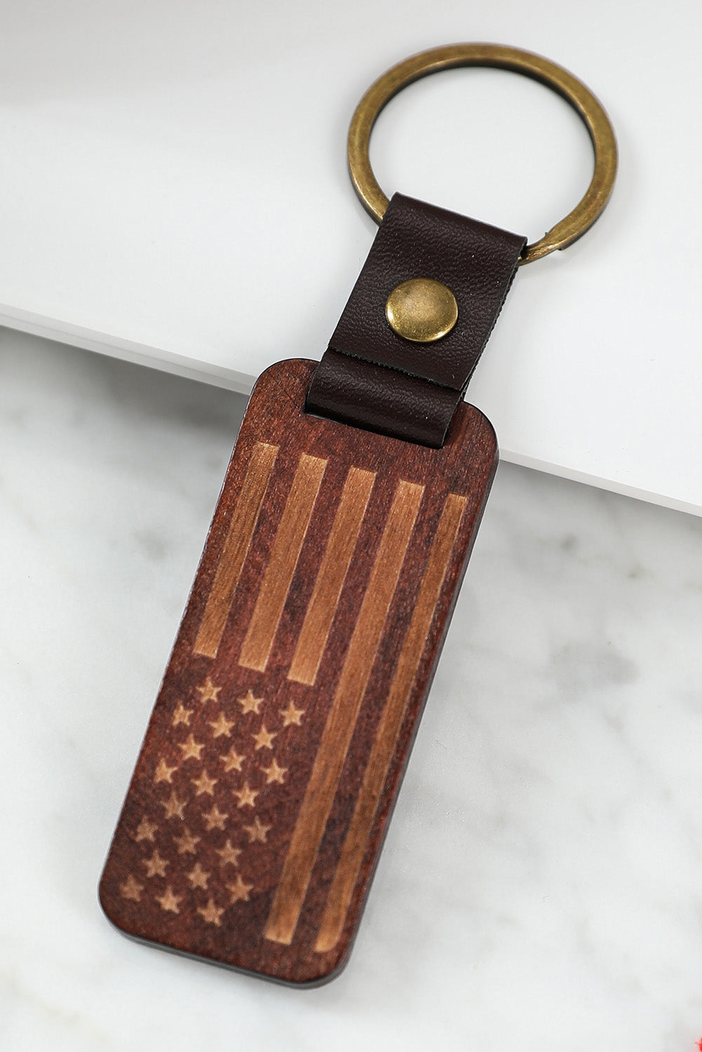 Brown American Flag Vintage Wood Leather Pendant Keychain Other Accessories JT's Designer Fashion