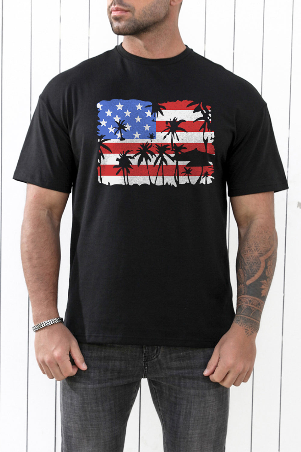 Black American Flag Plant Graphic Print Men's Oversized Tee Black 62%Polyester+32%Cotton+6%Elastane Men's Tops JT's Designer Fashion