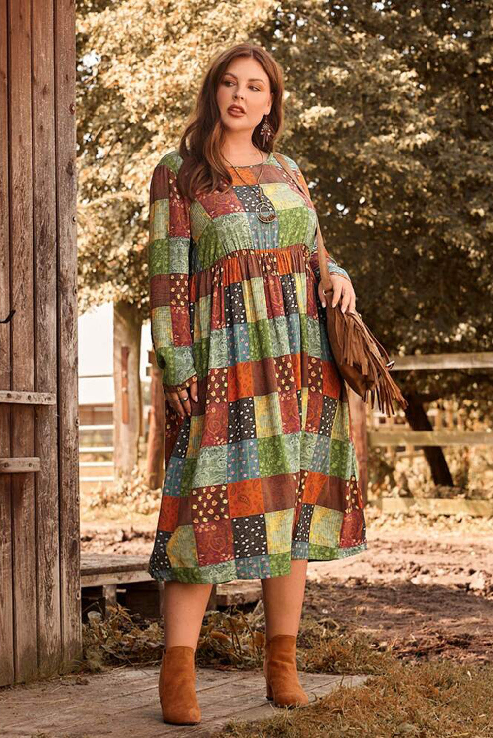 Green Printed Checkered Patchwork Print Plus Size Swing Dress Plus Size JT's Designer Fashion