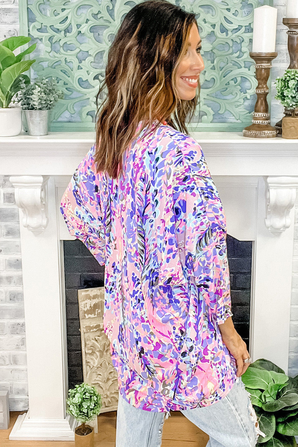 Multicolor Abstract Floral Print Lightweight Kimono Kimonos JT's Designer Fashion