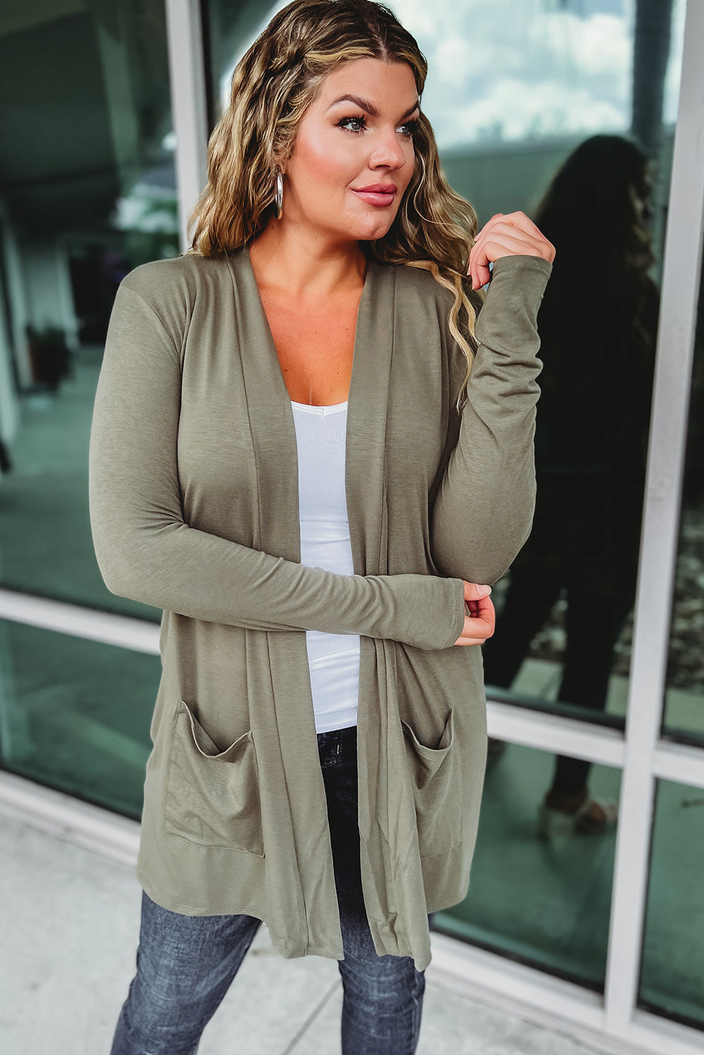 Moss Green Solid Color Side Pockets Tunic Plus Size Cardigan Plus Size JT's Designer Fashion