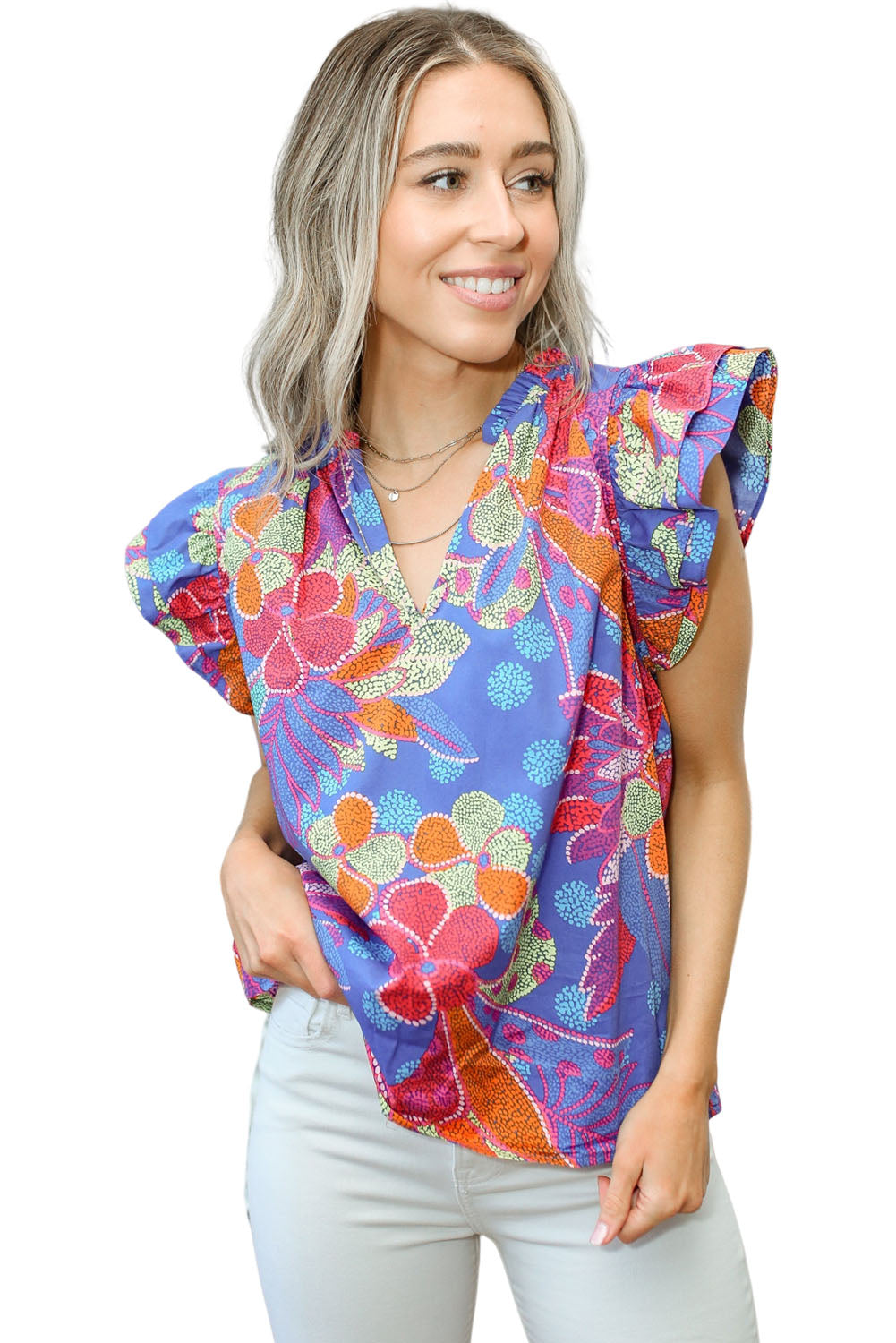 Blue Split V Neck Flutter Floral Top Tops & Tees JT's Designer Fashion