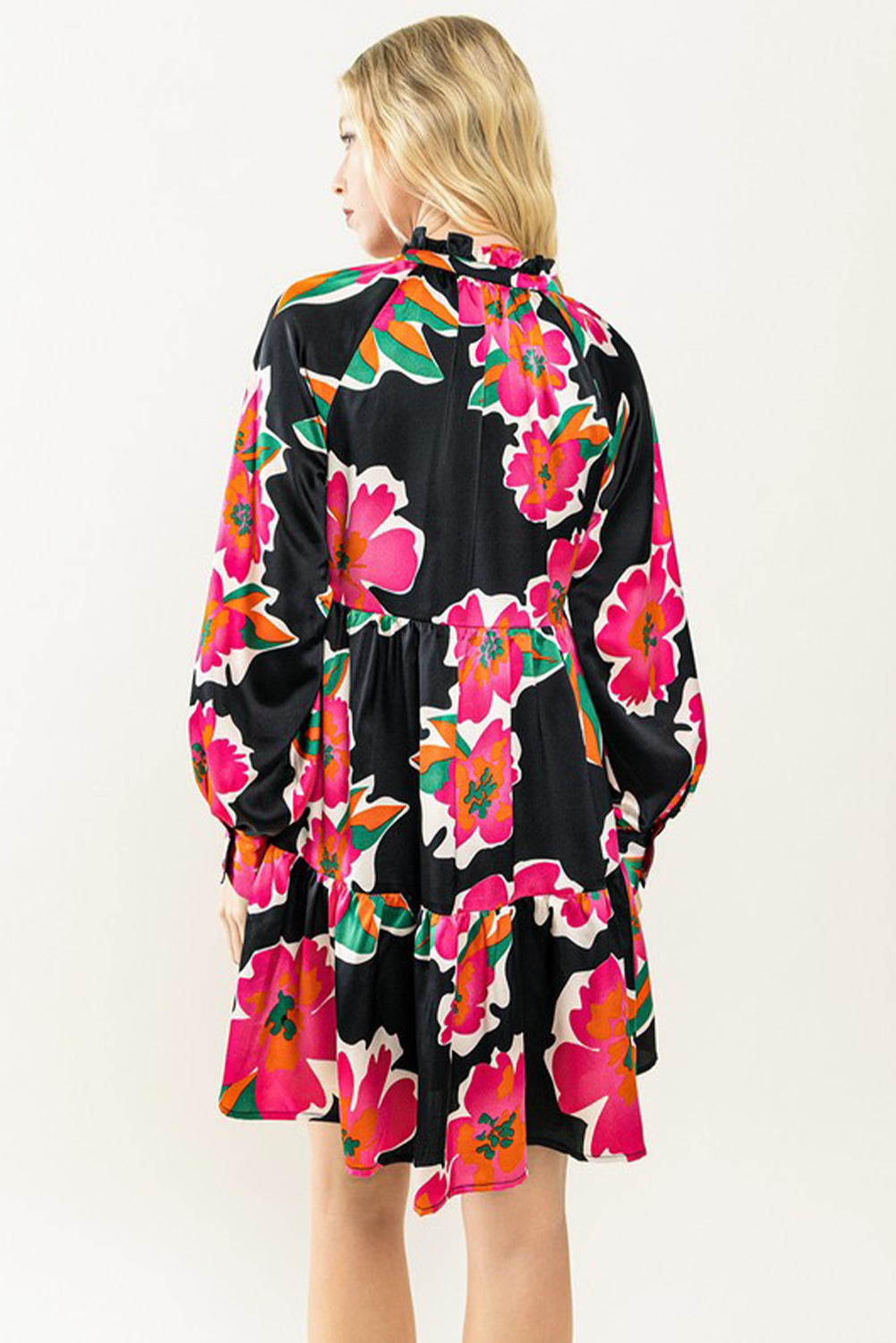 Multicolour Frill Collar Split Neck Long Sleeve Floral Dress Floral Dresses JT's Designer Fashion