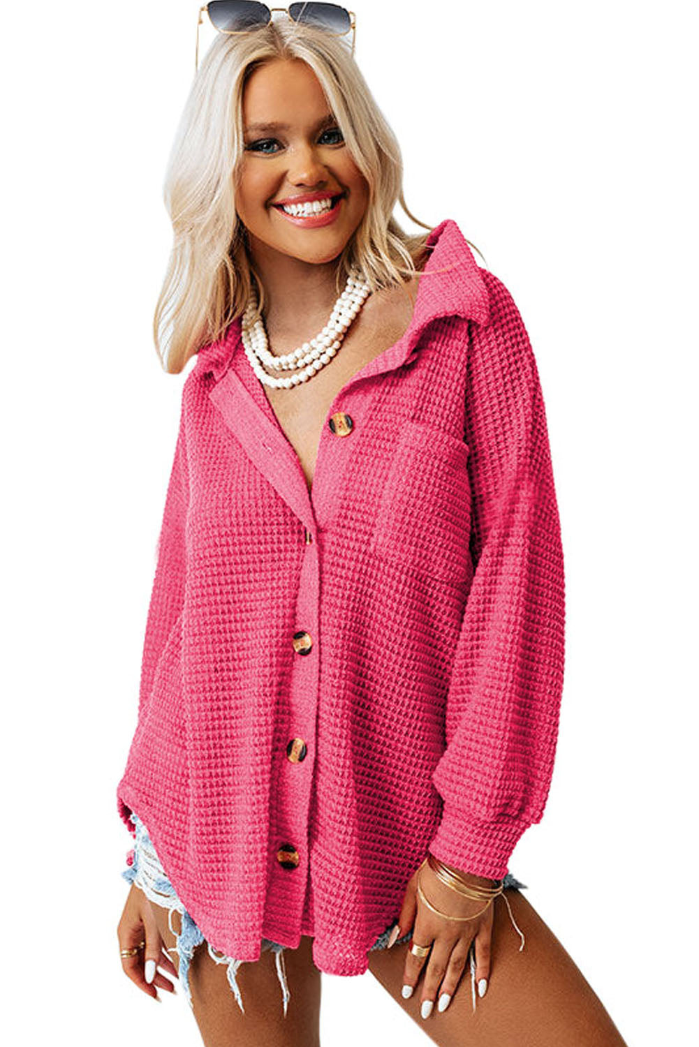 Pink Waffle Knit Button Up Casual Shirt Blouses & Shirts JT's Designer Fashion