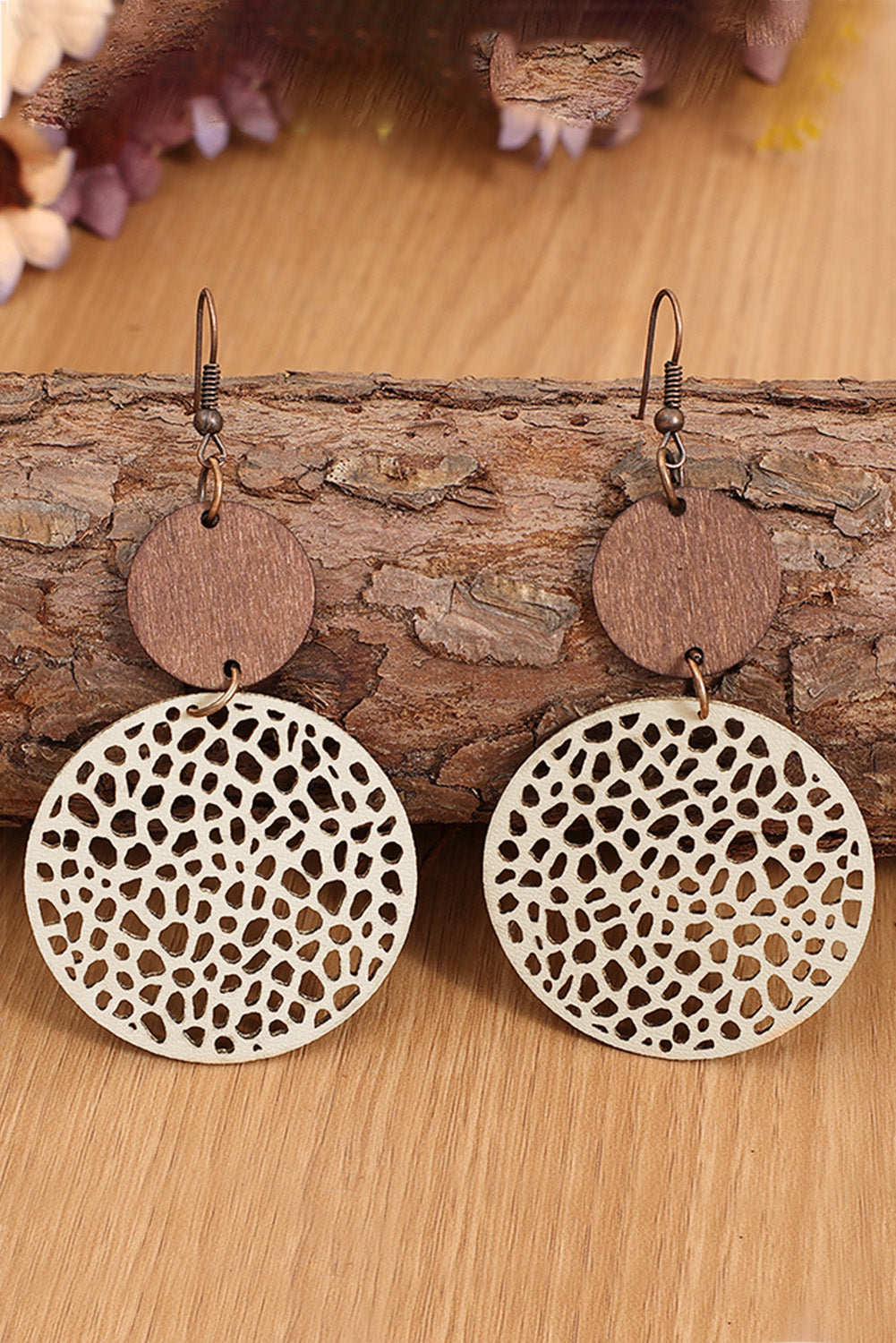 Beige Hollow Out Wooden Round Drop Earrings Jewelry JT's Designer Fashion