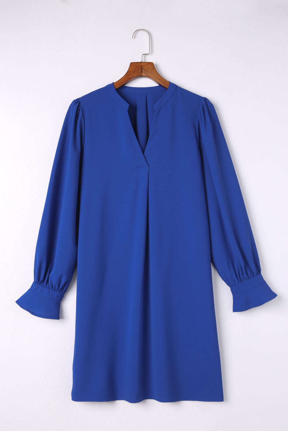 Blue Split V Neck Ruffled Sleeves Shirt Dress Mini Dresses JT's Designer Fashion