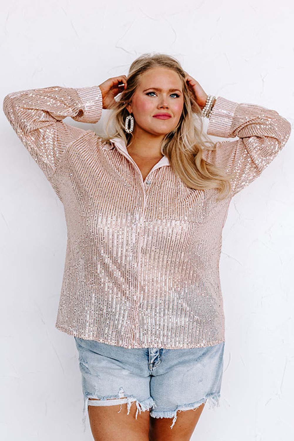 Apricot Sequin Long Sleeve Button-Up Plus Size Shirt Plus Size JT's Designer Fashion