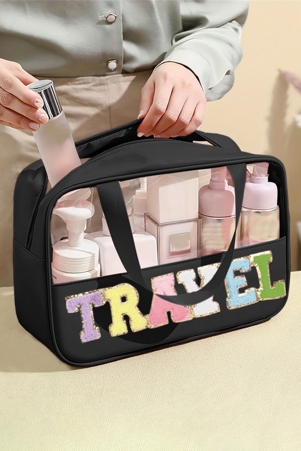 Black TRAVEL Chenille Letter Clear PVC Makeup Bag Other Accessories JT's Designer Fashion