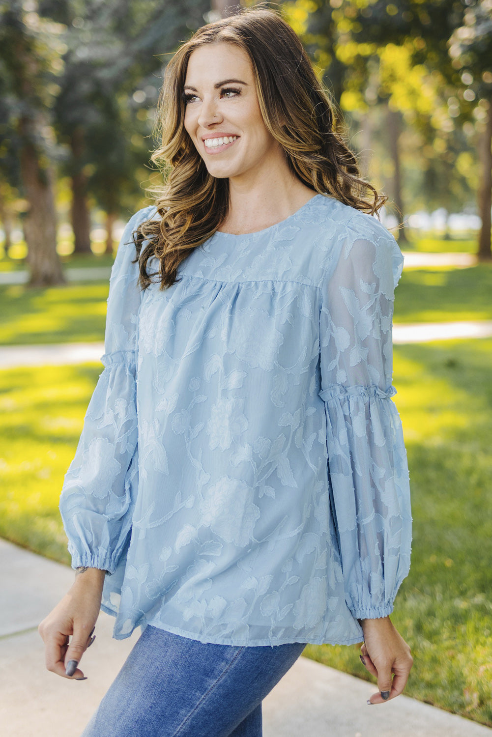 Blue Textured Ruffle Lantern Sleeve Babydoll Blouse Blouses & Shirts JT's Designer Fashion