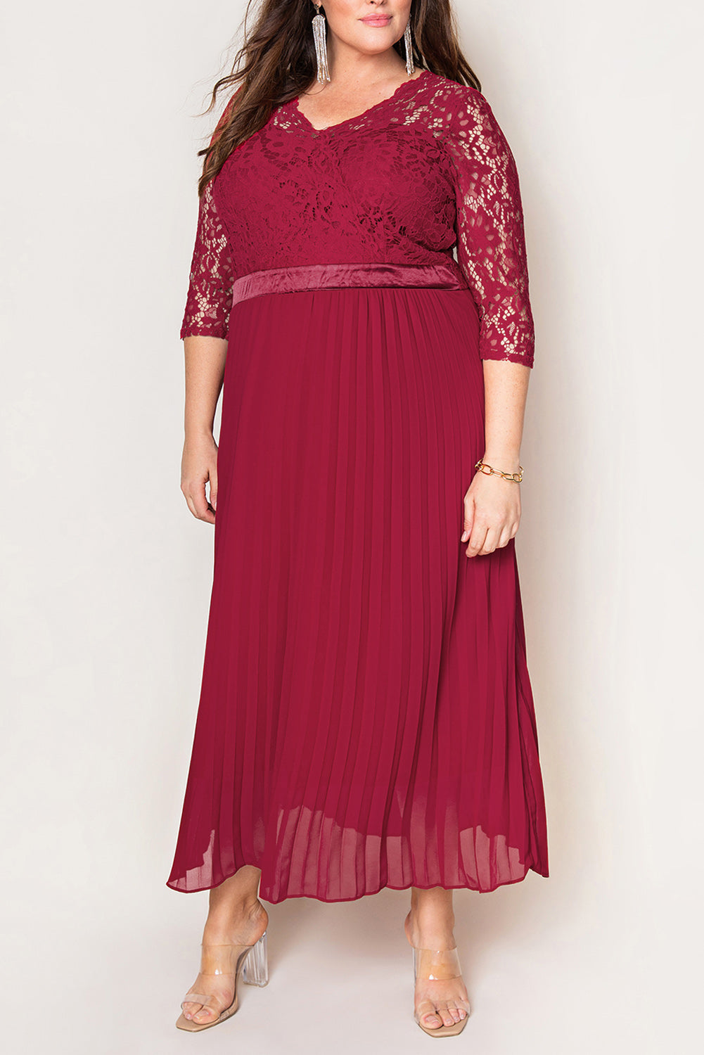 Red Lace Scalloped V Neck 3/4 Sleeves Pleated Tulle Plus Maxi Dress Plus Size Dresses JT's Designer Fashion