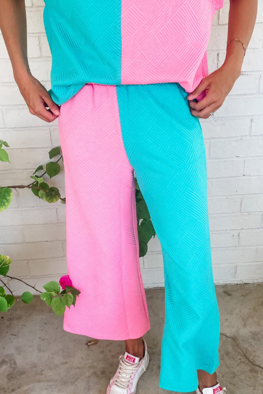 Multicolour Contrast Color Block Textured Loose Pant Set Bottoms JT's Designer Fashion