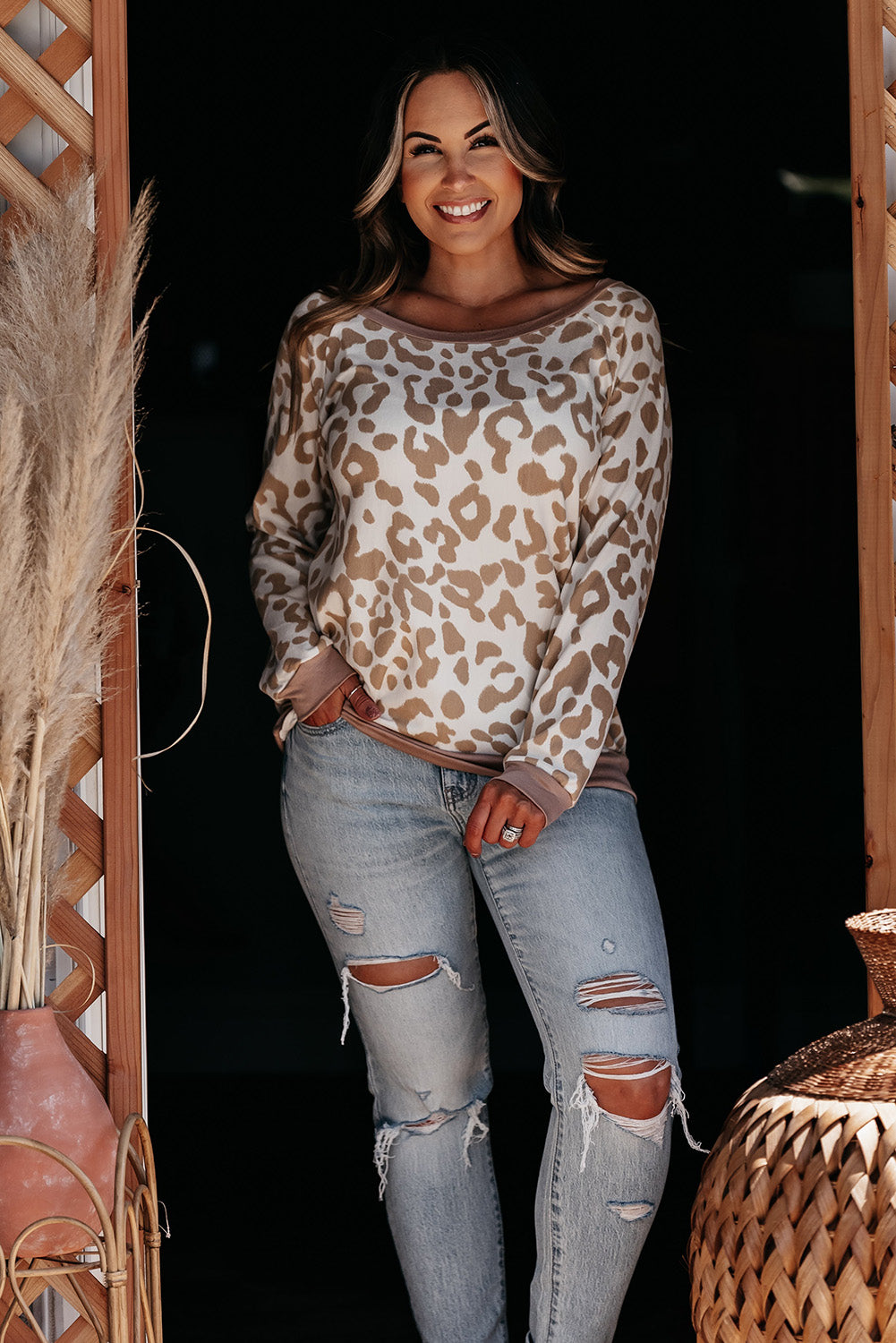 Khaki Printed Funky Leopard Boat Neck Plus Long Sleeve Top Plus Size JT's Designer Fashion