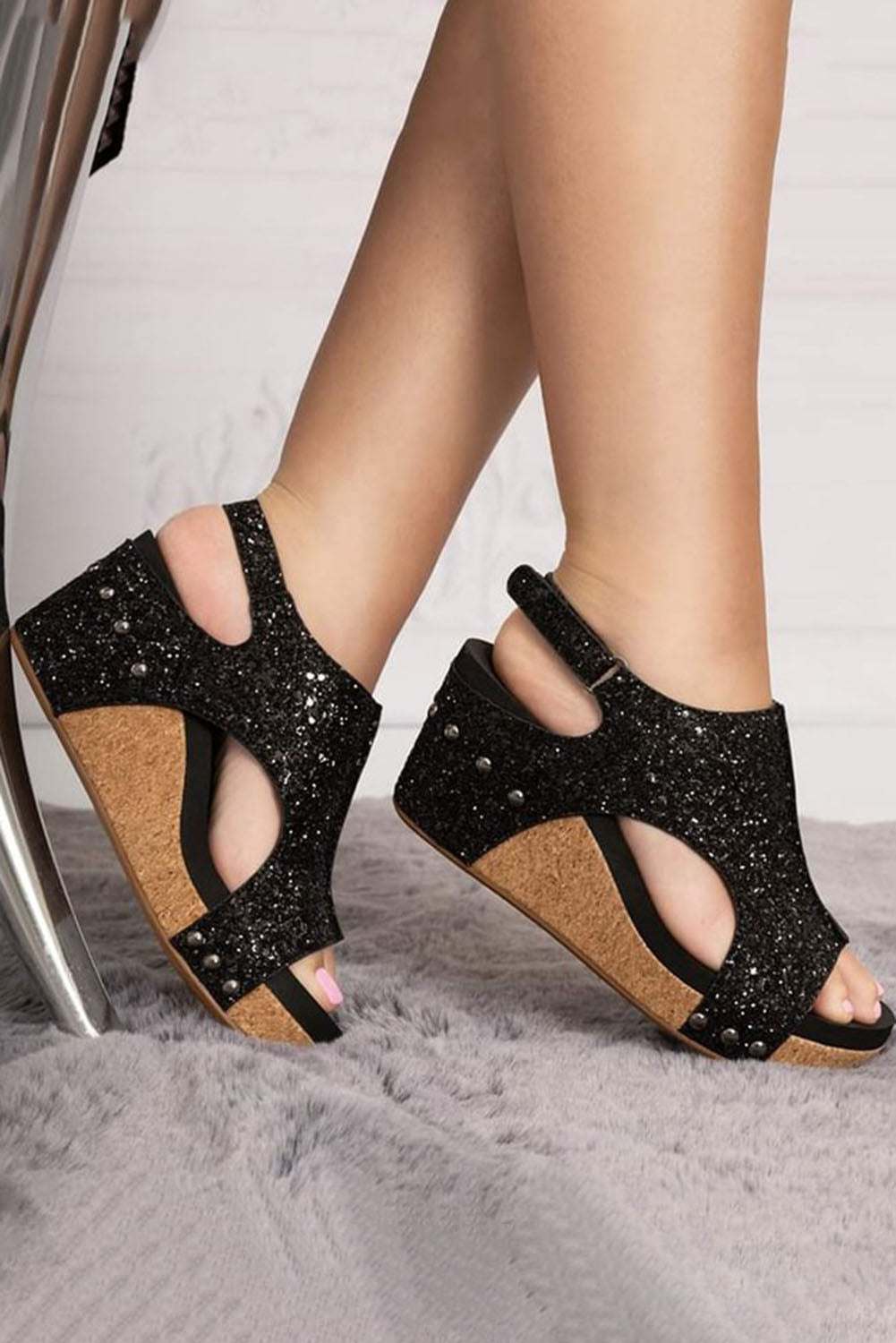 Black Buckle Hollow Out Sequin Wedge Sandals Sandals JT's Designer Fashion