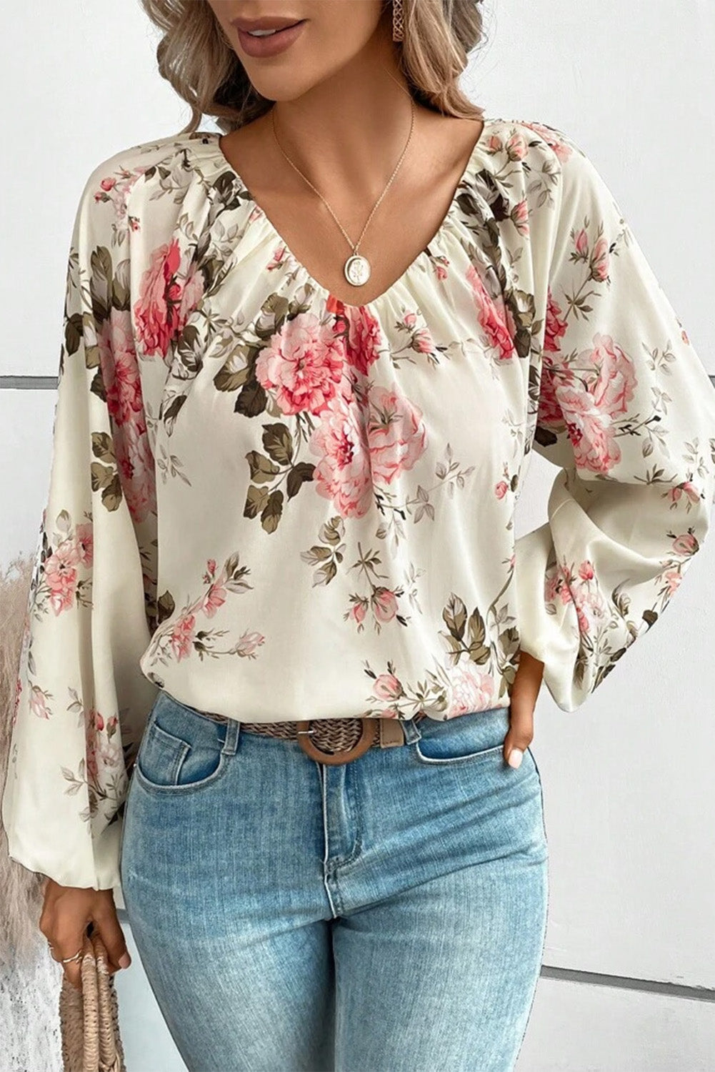 Apricot Printed Plus Size Floral V Neck Puff Sleeve Blouse Plus Size JT's Designer Fashion