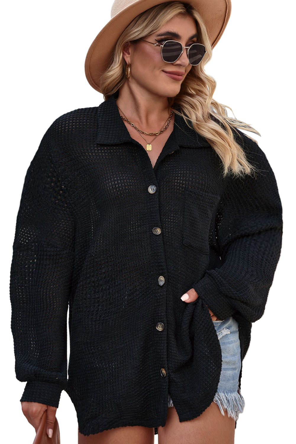 Black Plus Size Chest Pocket Waffle Knit Sweater Plus Size JT's Designer Fashion