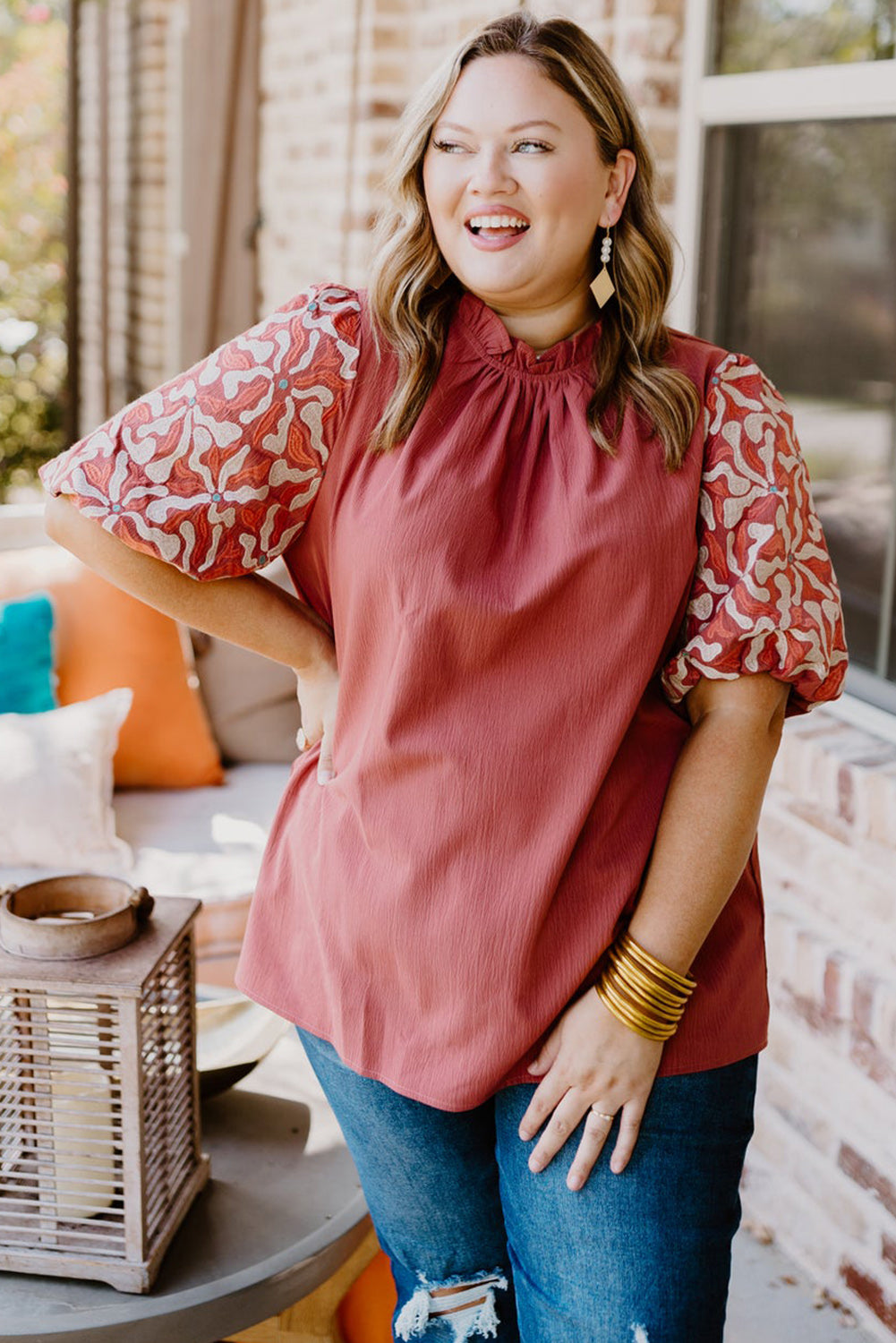 Peach Blossom Contrast Embroidered Sleeve Plus Size Blouse Plus Size JT's Designer Fashion