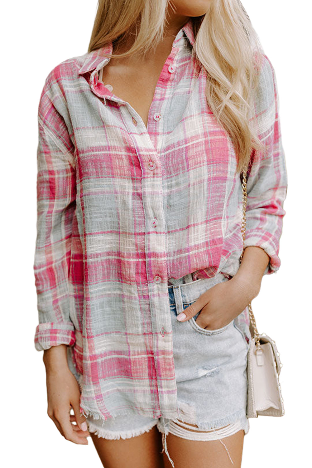 Pink Distressed Raw Edge Plaid Print Shirt Tops & Tees JT's Designer Fashion