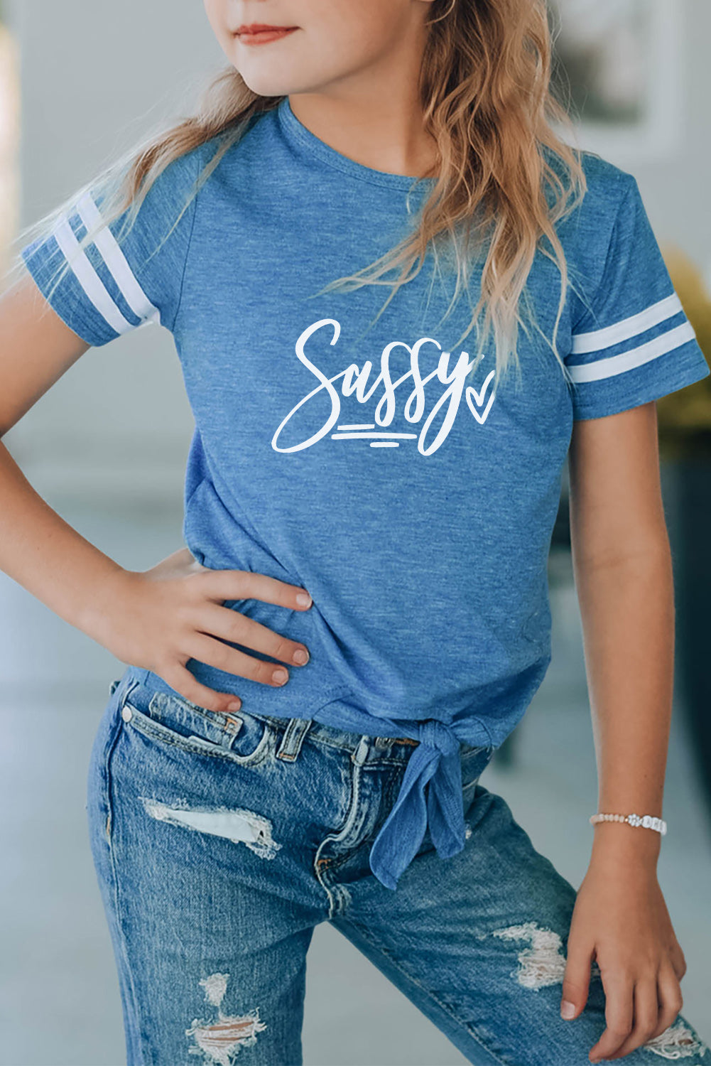 Blue Family Matching Letter Printed Tie Knot Short Sleeve Girl's Top Blue Family T-shirts JT's Designer Fashion