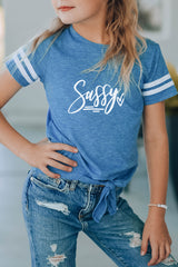 Blue Family Matching Letter Printed Tie Knot Short Sleeve Girl's Top Blue Family T-shirts JT's Designer Fashion