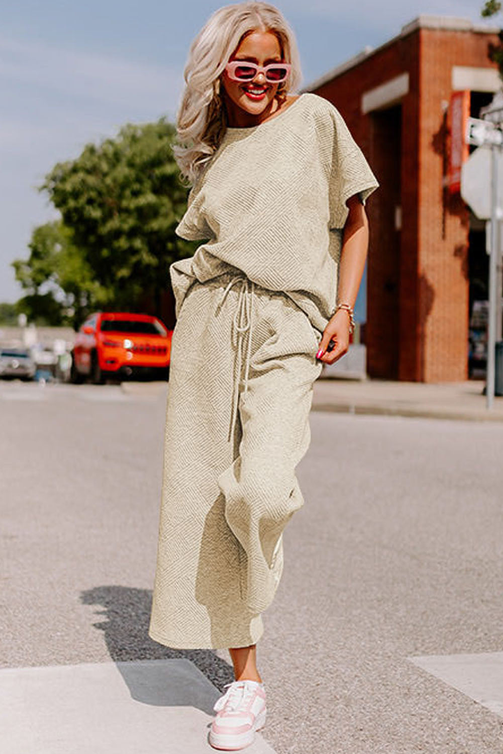 Apricot Gray Textured Loose Fit T Shirt and Drawstring Pants Set Bottoms JT's Designer Fashion