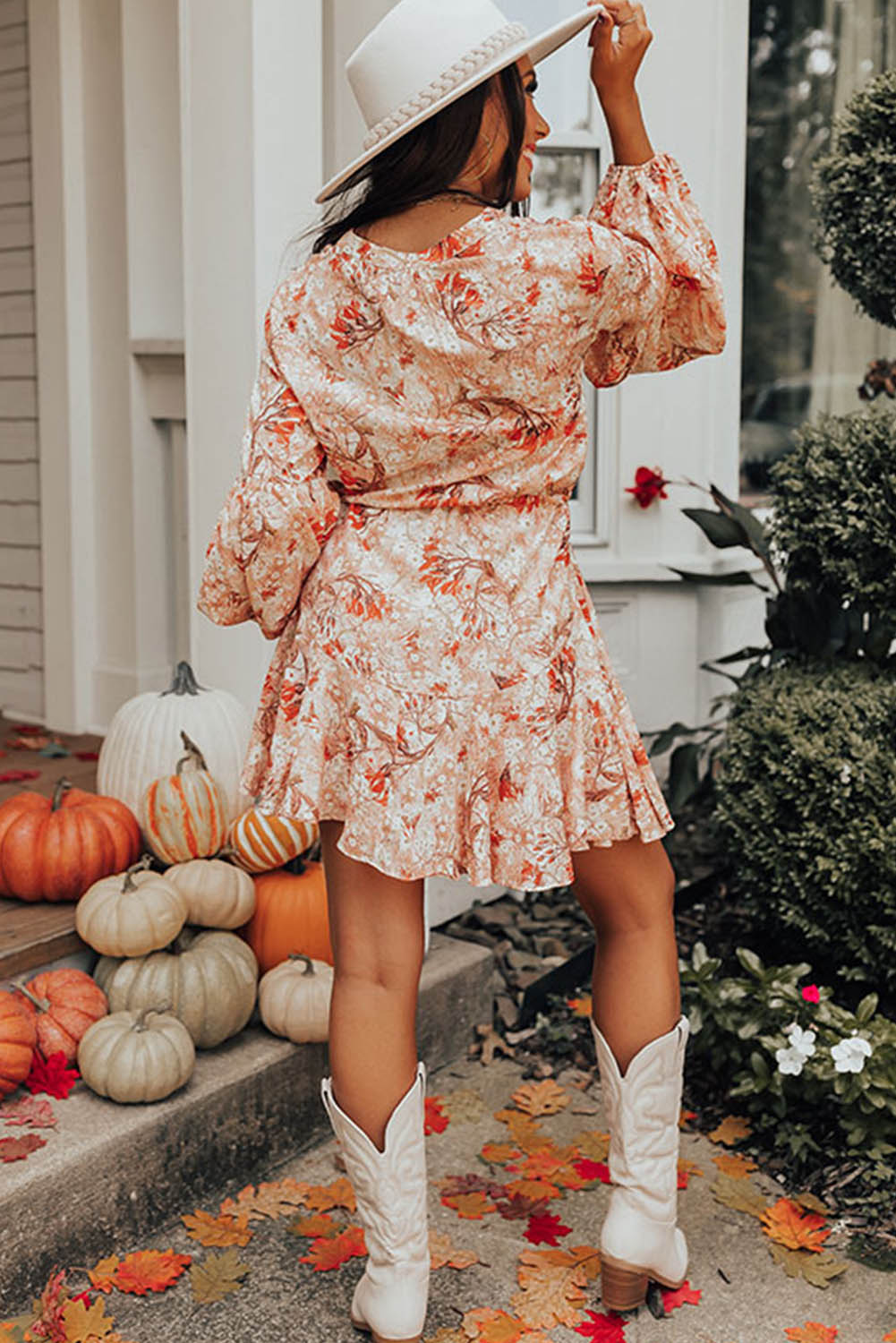 Orange Bubble Sleeve Cinched Waist Floral Dress Dresses JT's Designer Fashion