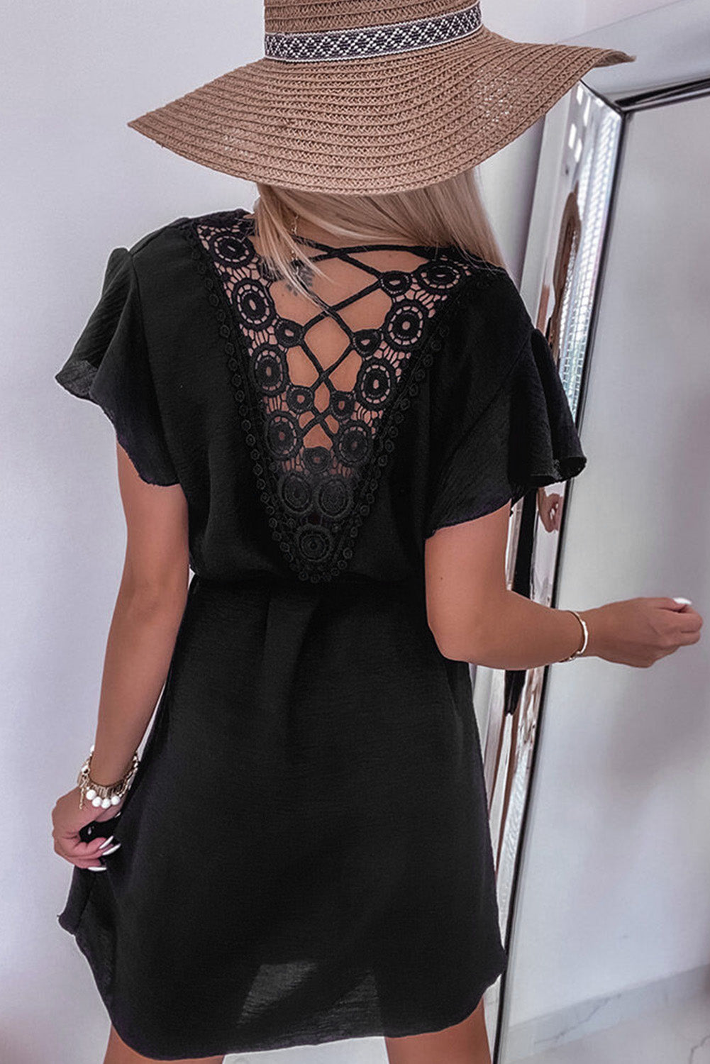 Black Lace Crochet Drawstring High Waist Mini Dress Mini Dresses JT's Designer Fashion