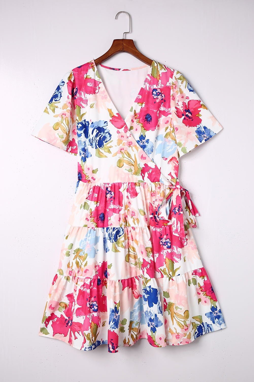 Multicolor Sweet Floral Wrap V Neck Skater Dress Floral Dresses JT's Designer Fashion