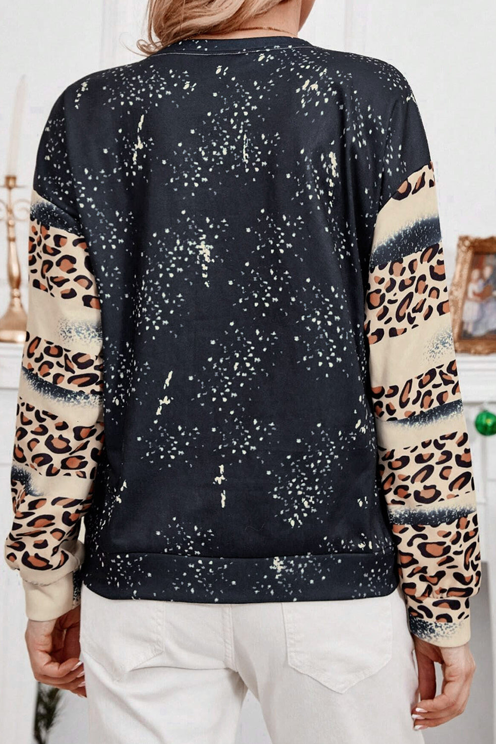 Black Christmas Santa Claus Leopard Print Bleached Sweatshirt Graphic Sweatshirts JT's Designer Fashion