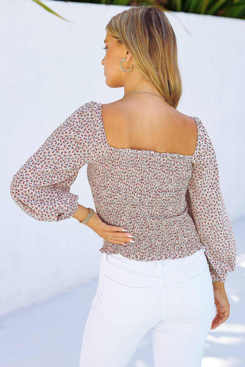 Apricot Square Neck Puff Sleeve Floral Smocked Top Long Sleeve Tops JT's Designer Fashion