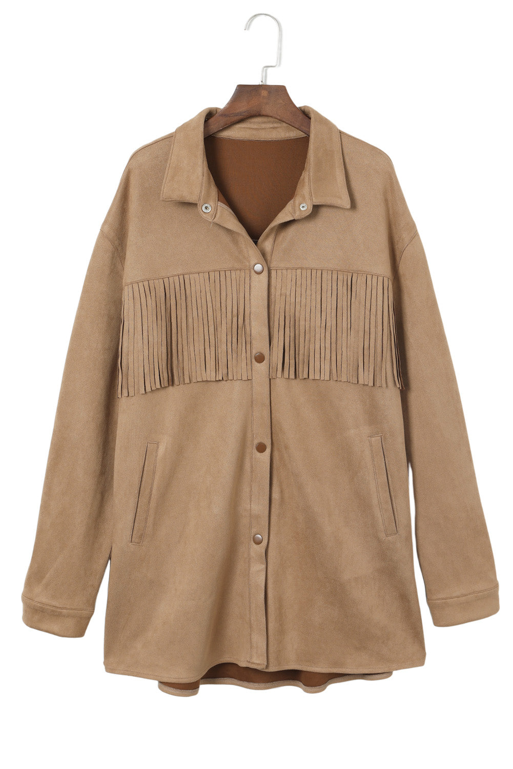 Khaki Fringe Trim Plus Size Suede Shacket Plus Size JT's Designer Fashion