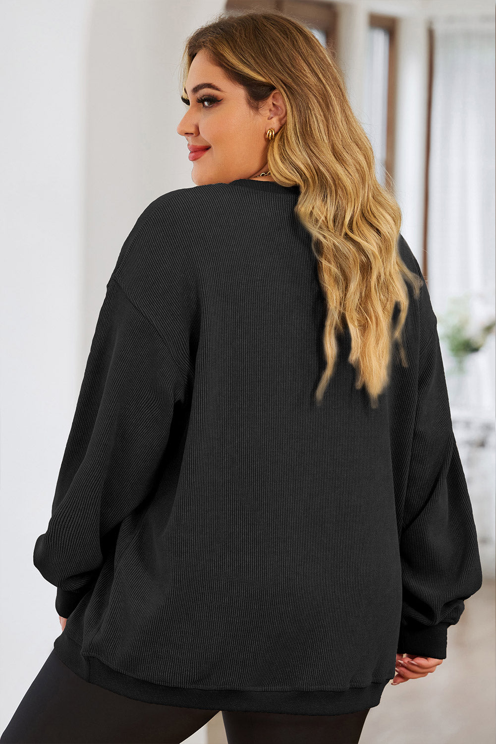 Black Plus Size Corded Round Neck Sweatshirt Plus Size JT's Designer Fashion