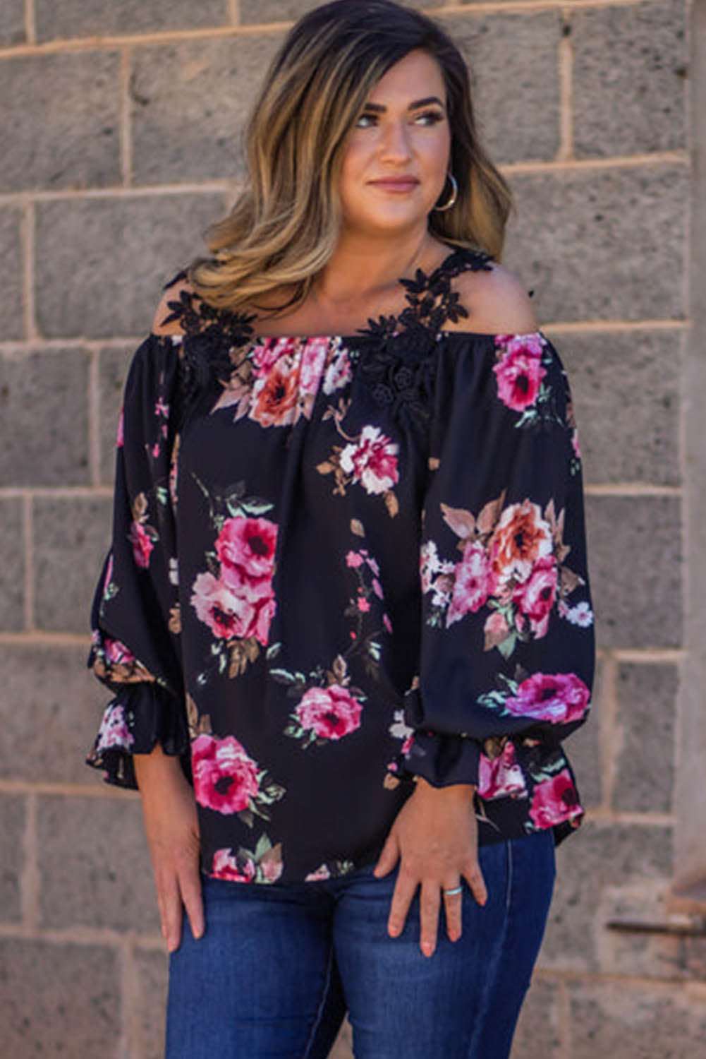 Black Plus Size Crochet Detail Off-shoulder Floral Blouse Plus Size JT's Designer Fashion