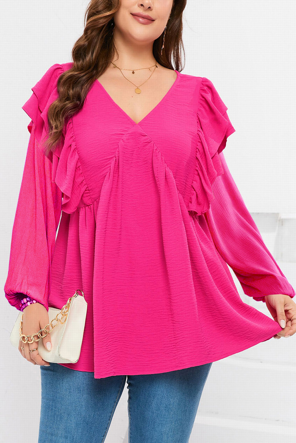 Pink Textured Ruffled V Neck Plus Size Blouse Plus Size JT's Designer Fashion