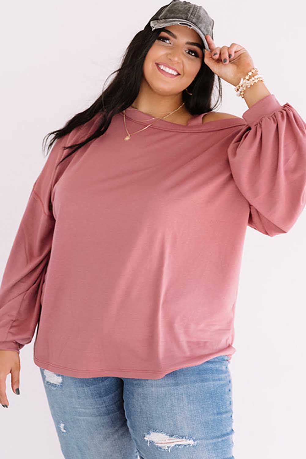 Pink Asymmetric Cold Shoulder Puff Sleeve Plus Size Top Plus Size JT's Designer Fashion