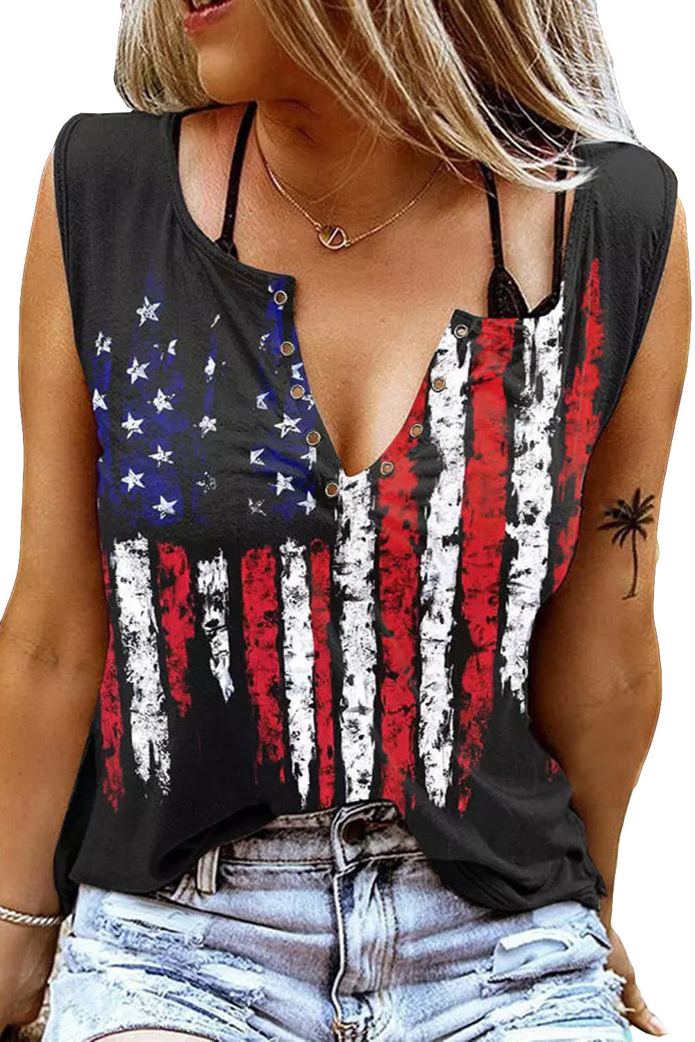 Black American Flag Printed Notched V-Neck Shift Tank Top Tops & Tees JT's Designer Fashion