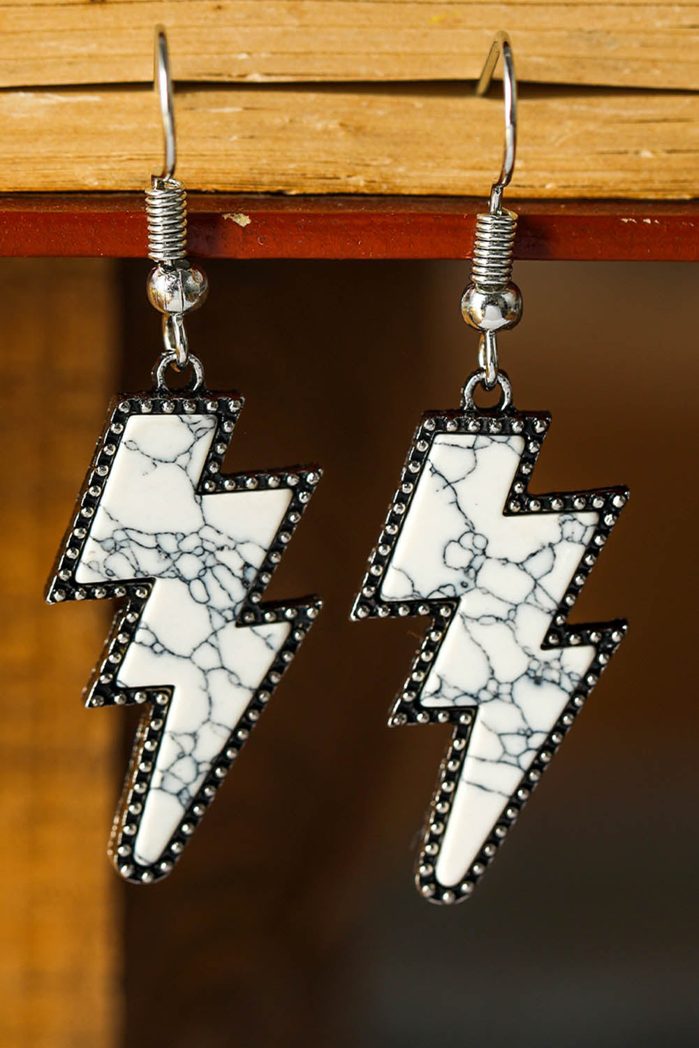 White Marble Texture Retro Lightning Bolt Earrings Jewelry JT's Designer Fashion