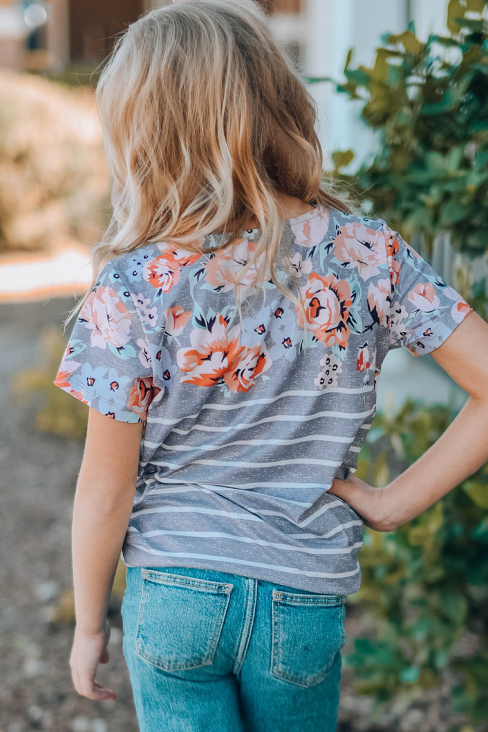 Gray Round Neck Floral Striped Print Kid's Tee Family T-shirts JT's Designer Fashion