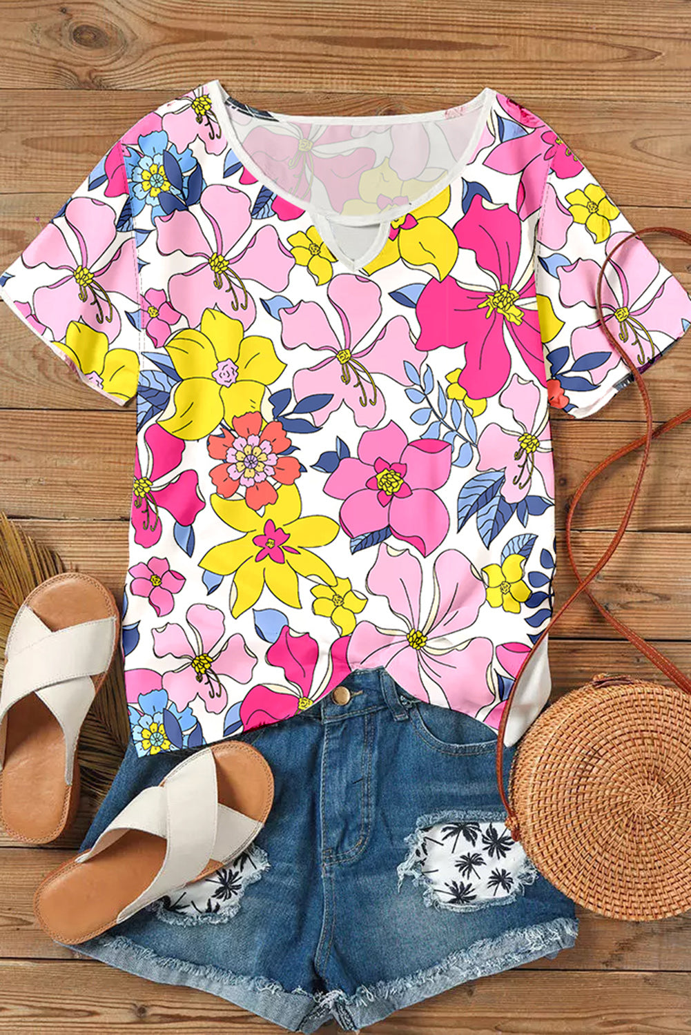 Multicolor Floral Print Cut out Short Sleeve Top Tops & Tees JT's Designer Fashion