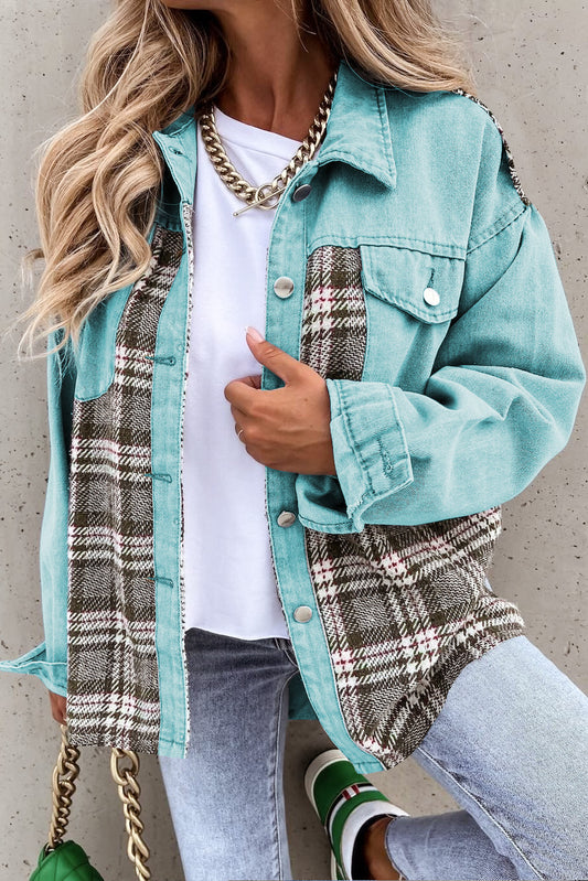 Sky Blue White Plaid Patchwork Pockets Denim Jacket Denim jackets JT's Designer Fashion