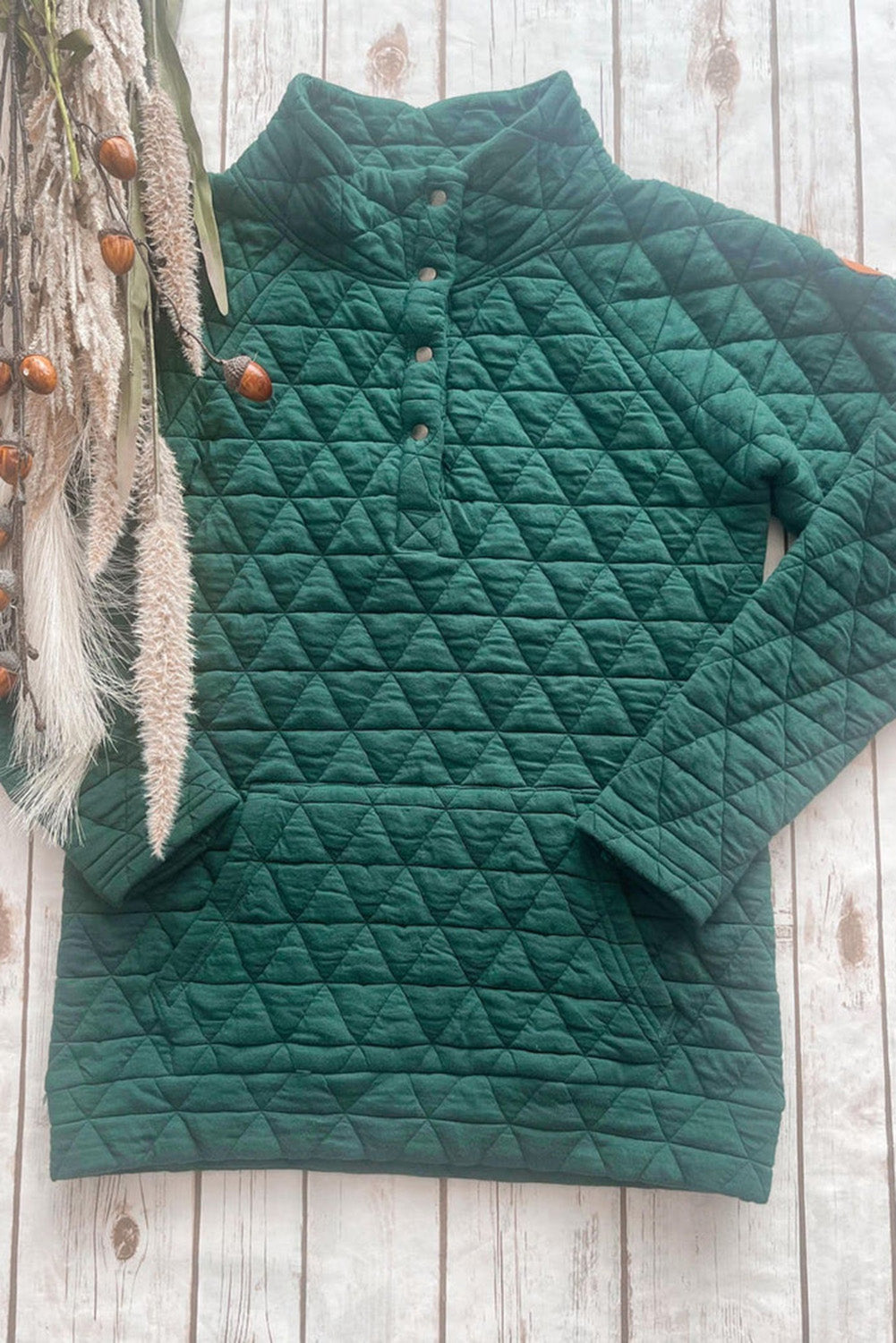 Blackish Green Quarter Buttoned Pocketed Quilted Plus Size Hoodie Plus Size JT's Designer Fashion