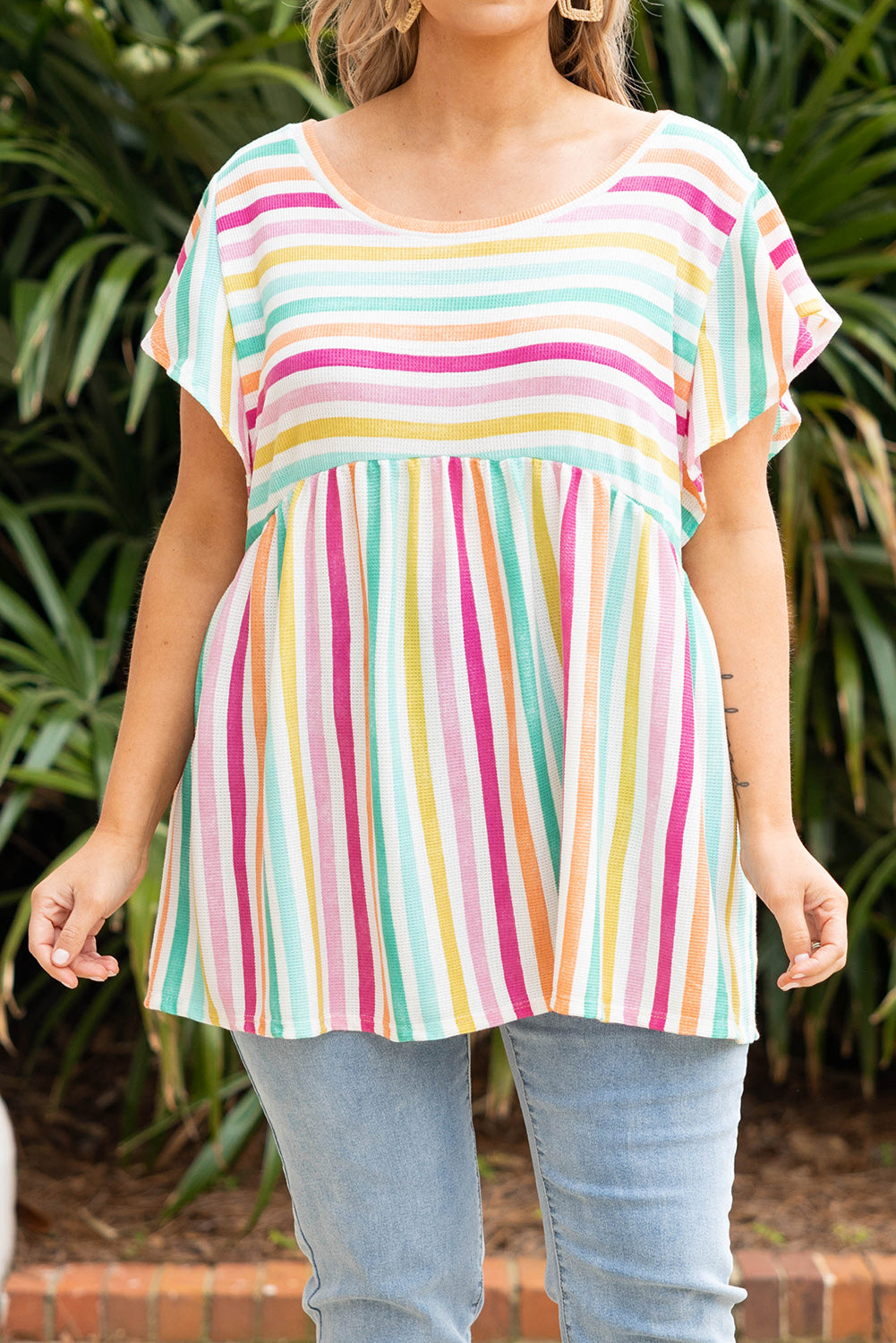 Multicolor Striped Ruffle Sleeve Plus Size Babydoll Top Plus Size Tops JT's Designer Fashion