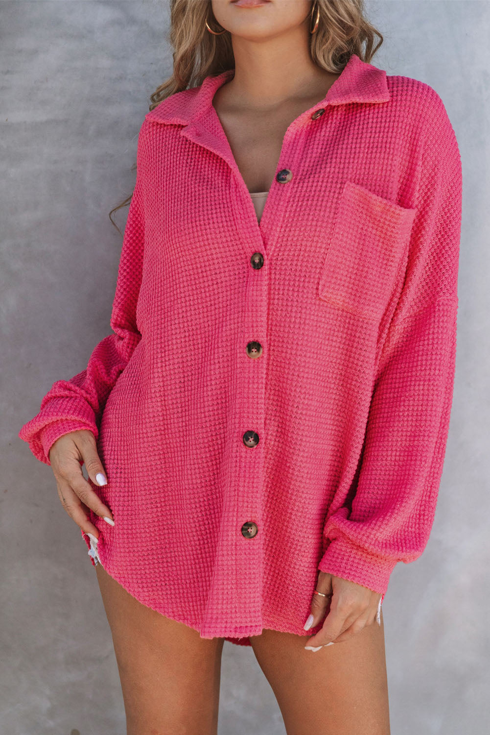 Pink Waffle Knit Button Up Casual Shirt Blouses & Shirts JT's Designer Fashion