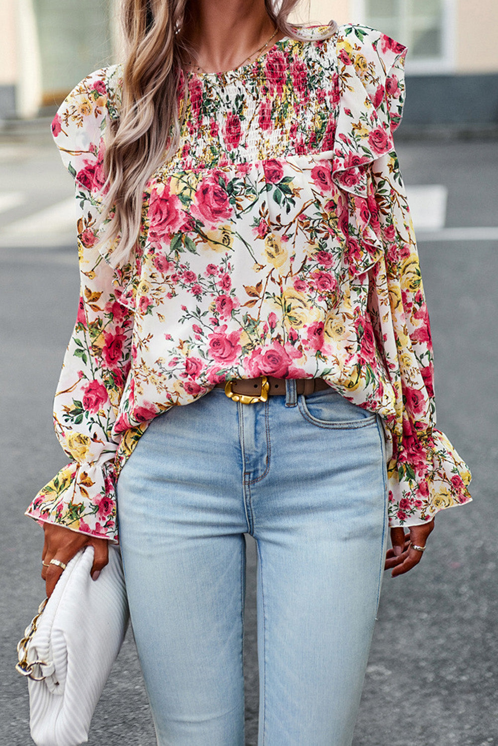 White Floral Printed Ruffle Trim Long Sleeve Blouse Tops & Tees JT's Designer Fashion